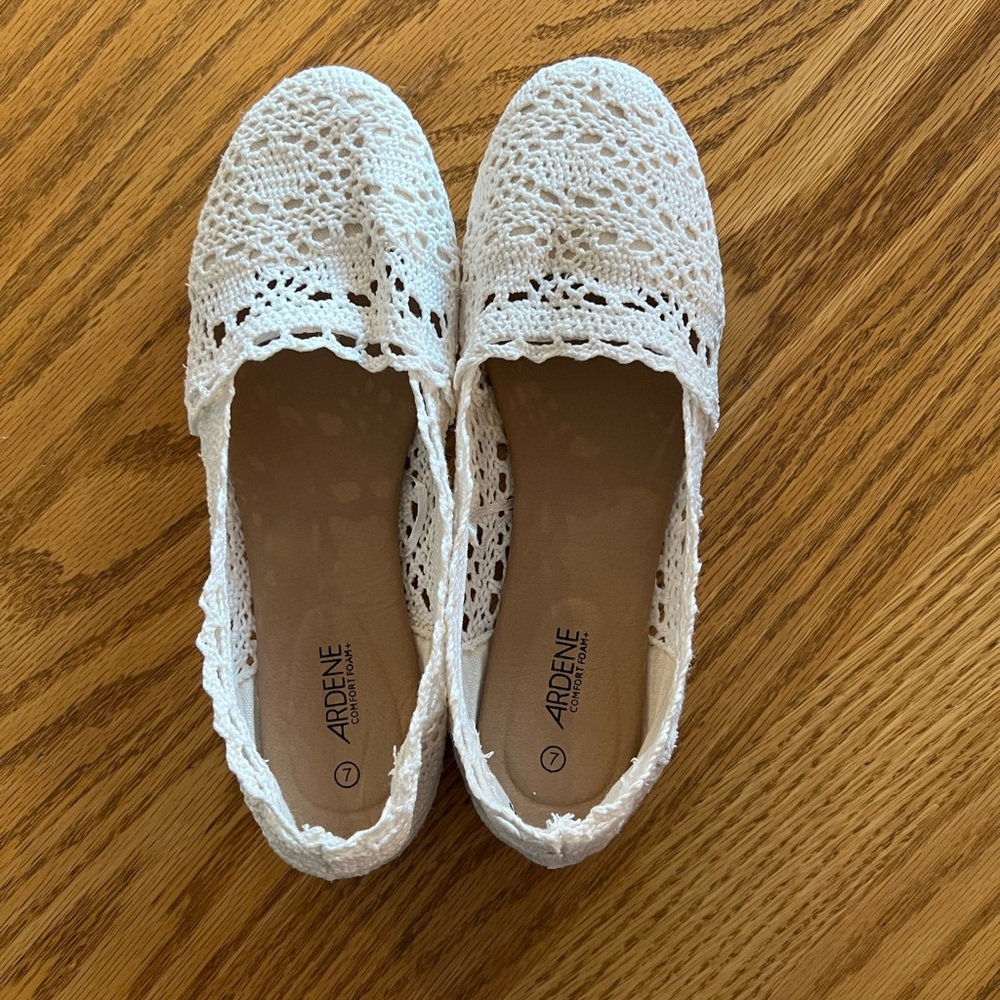 ARDENE size 7, white lace/crochet slip-on shoes